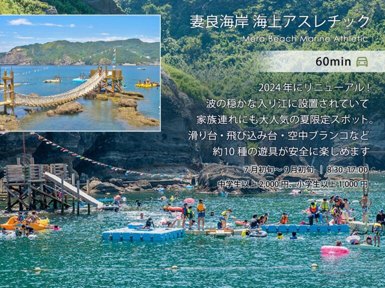 伊豆稲取テラス 観光_妻良海岸アスレチック Renewed in 2024! Set in a calm bay, this summer-only spot is extremely popular with families. Around 10 types of equipment, including slides, diving boards, and a swing over the water, can be enjoyed safely.
